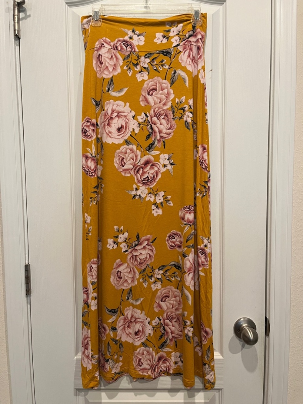 Charlotte Russe Mustard Floral Maxi Skirt with Pink Roses